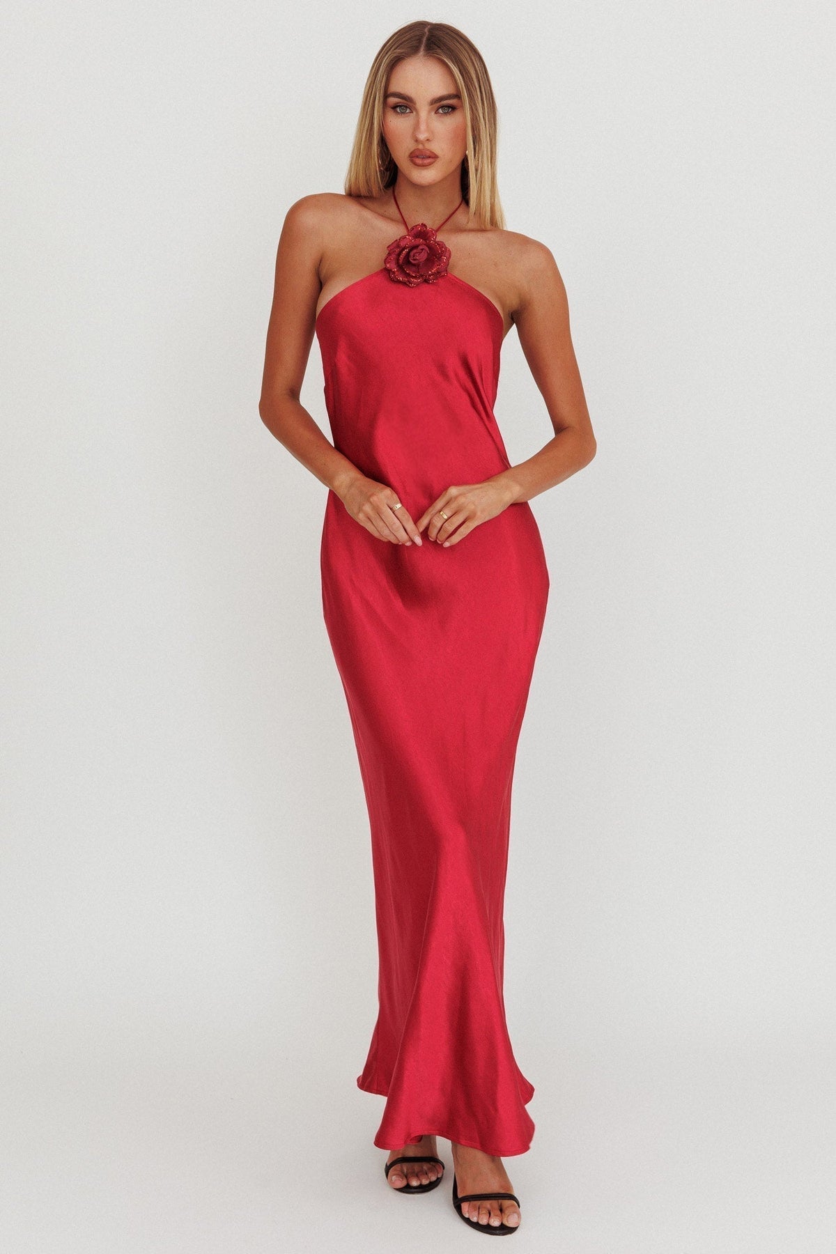 High Roller Flower Decoration Halter Dress Wine