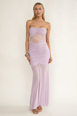 Sade Strapless Sheer Panel Ruched Maxi Dress Lilac