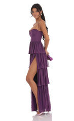 Mesh Ruffle Maxi Dress in Purple