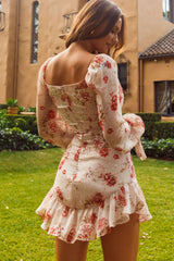 Make Memories Balloon Sleeve Molded Bust Dress Vintage Floral Beige