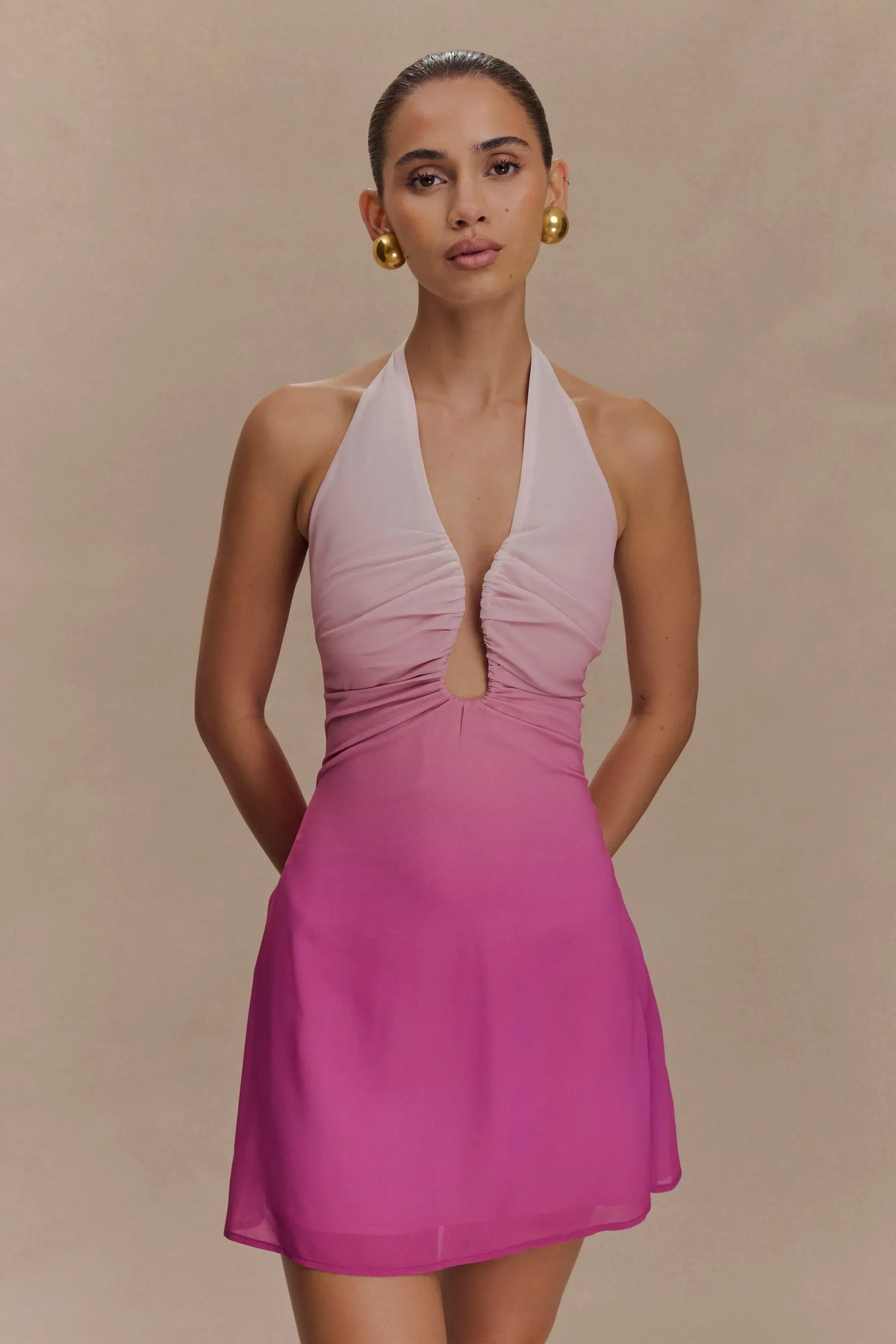 Malakhai Chiffon Halter Mini Dress - Ombre Pink