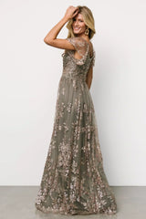 Corinne Shimmer Maxi Gown | Dark Sage + Rose Gold
