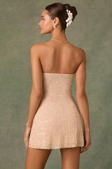 Embellished Sweetheart-Neck A-Line Mini Dress in Apricot