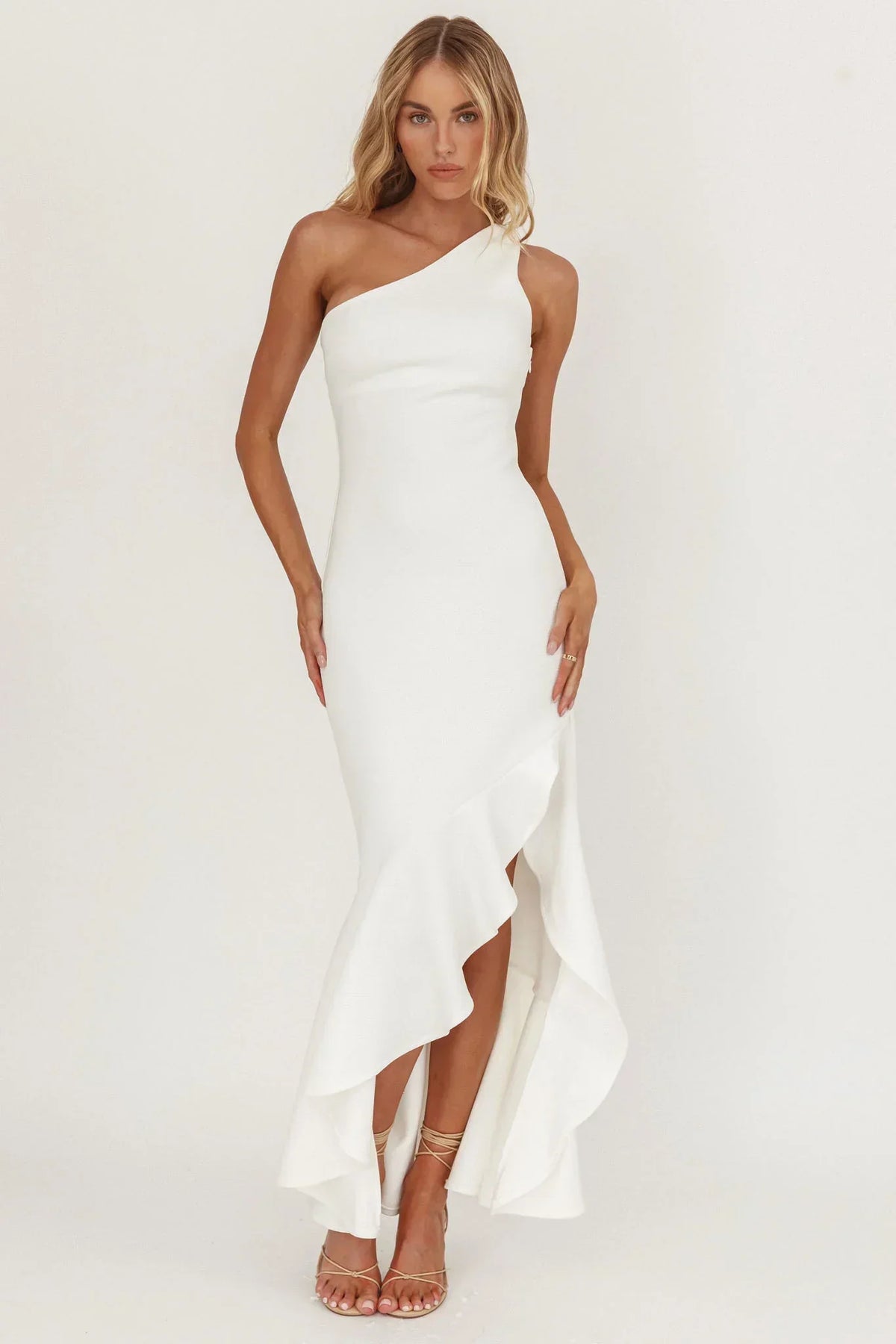 Lights On One-Shoulder Split Ruffle Hem Maxi Dress White