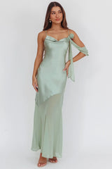 Gilded Dream Shoulder Detail Chiffon Hem Maxi Dress Sage