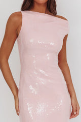 Country Club Asymmetric Neckline Midi Dress Sequin Blush