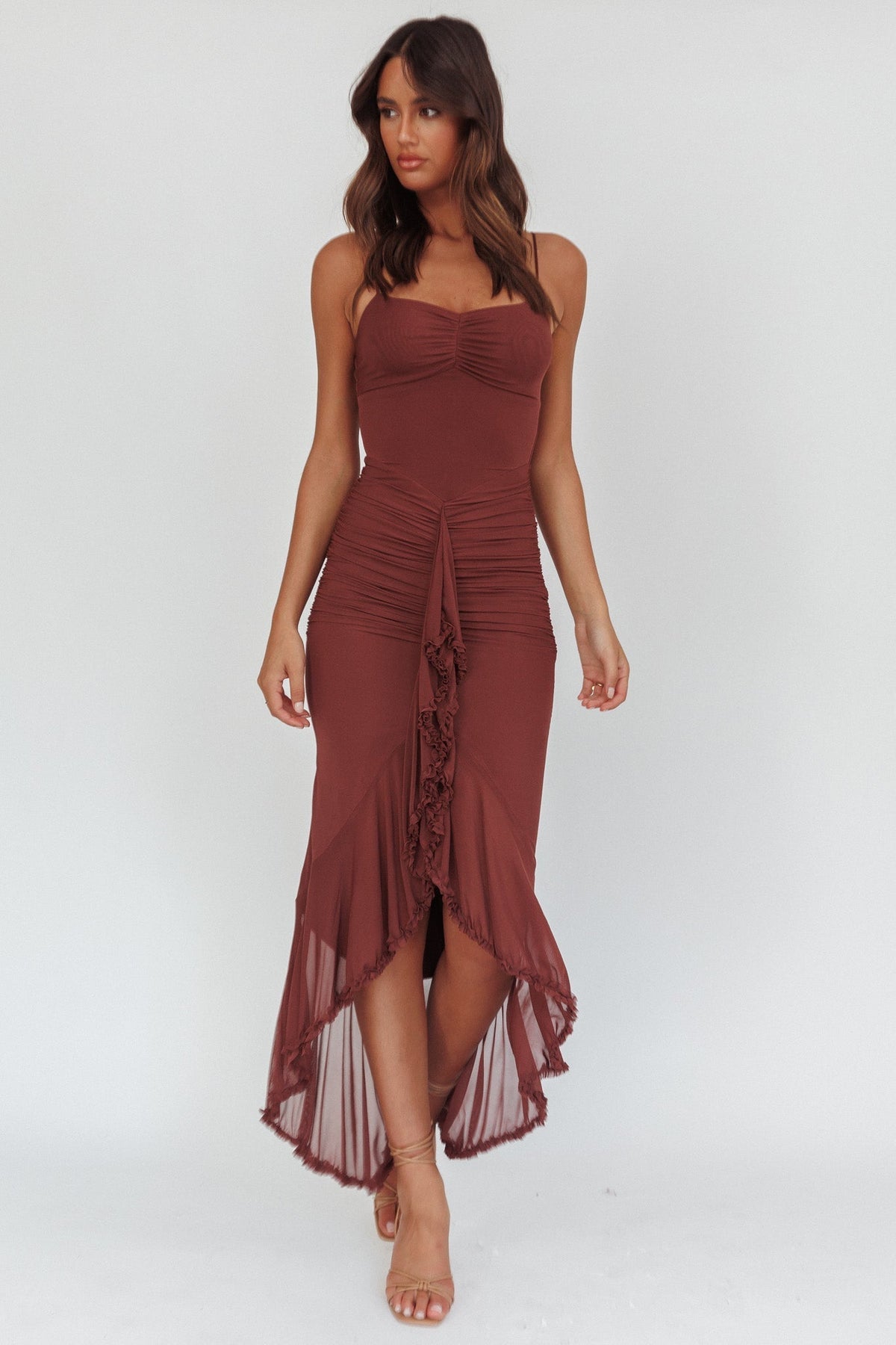 Kamilah Gathered Cascading Ruffle Midi Dress Maroon