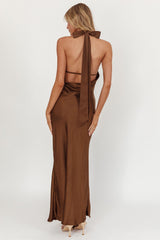 Italia Azure Crossover Halterneck Maxi Dress Chocolate