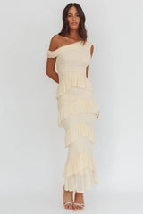 Anaisa Asymmetric Neckline Frill Maxi Dress Cream
