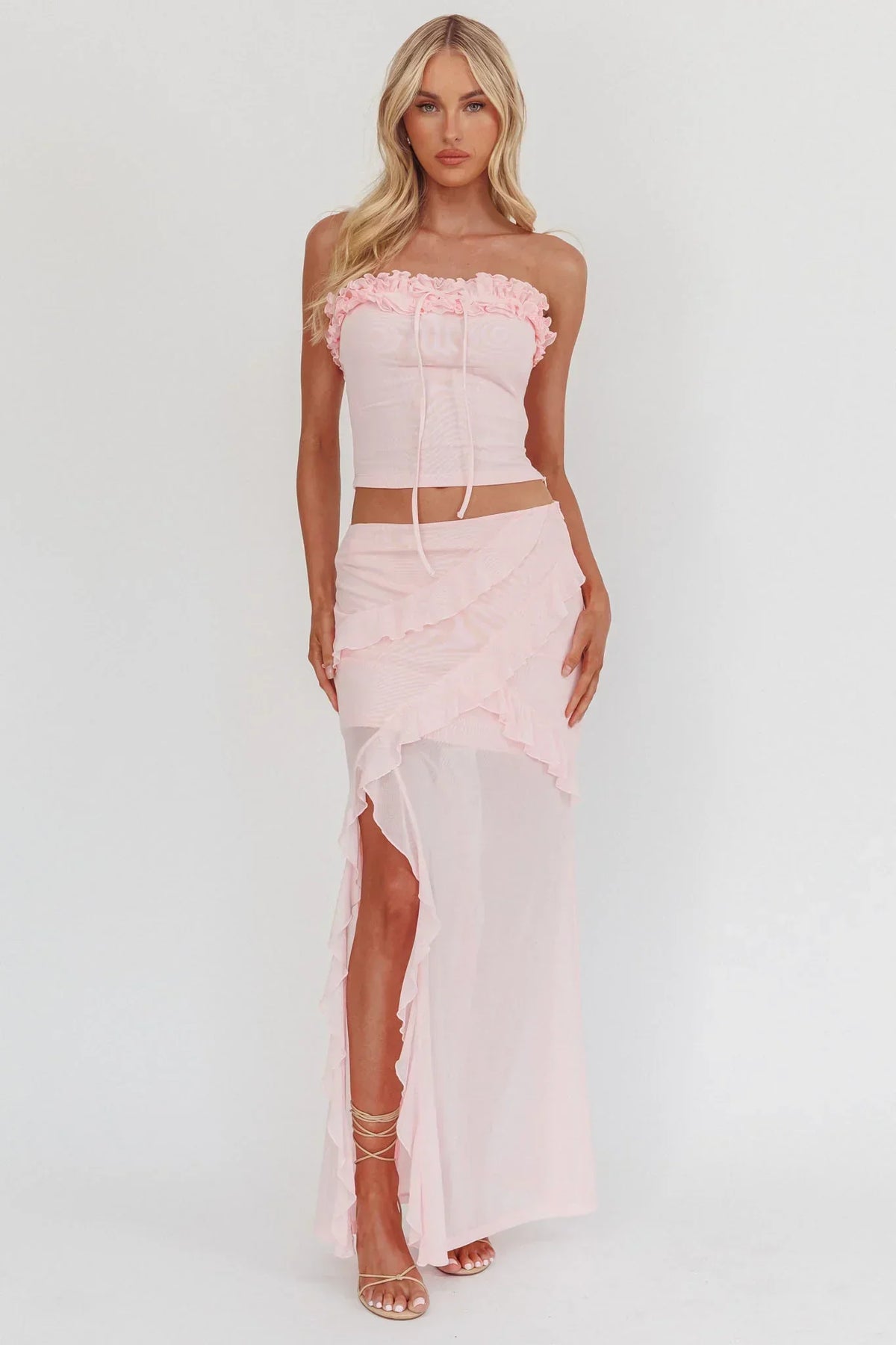 Frosted Sugar Ruffle Trim Split Midi Skirt Pink