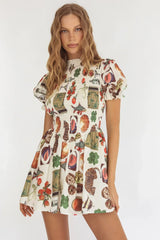 Nia Shirred Puff Sleeve Mini Dress Exotic Print Beige