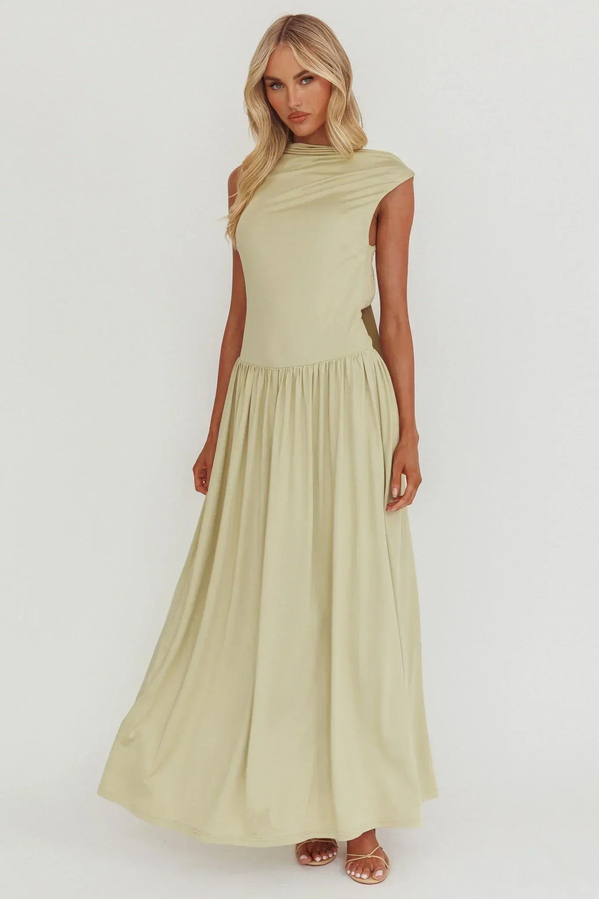 Dorothea High Cowl Open Back Maxi Dress Sage