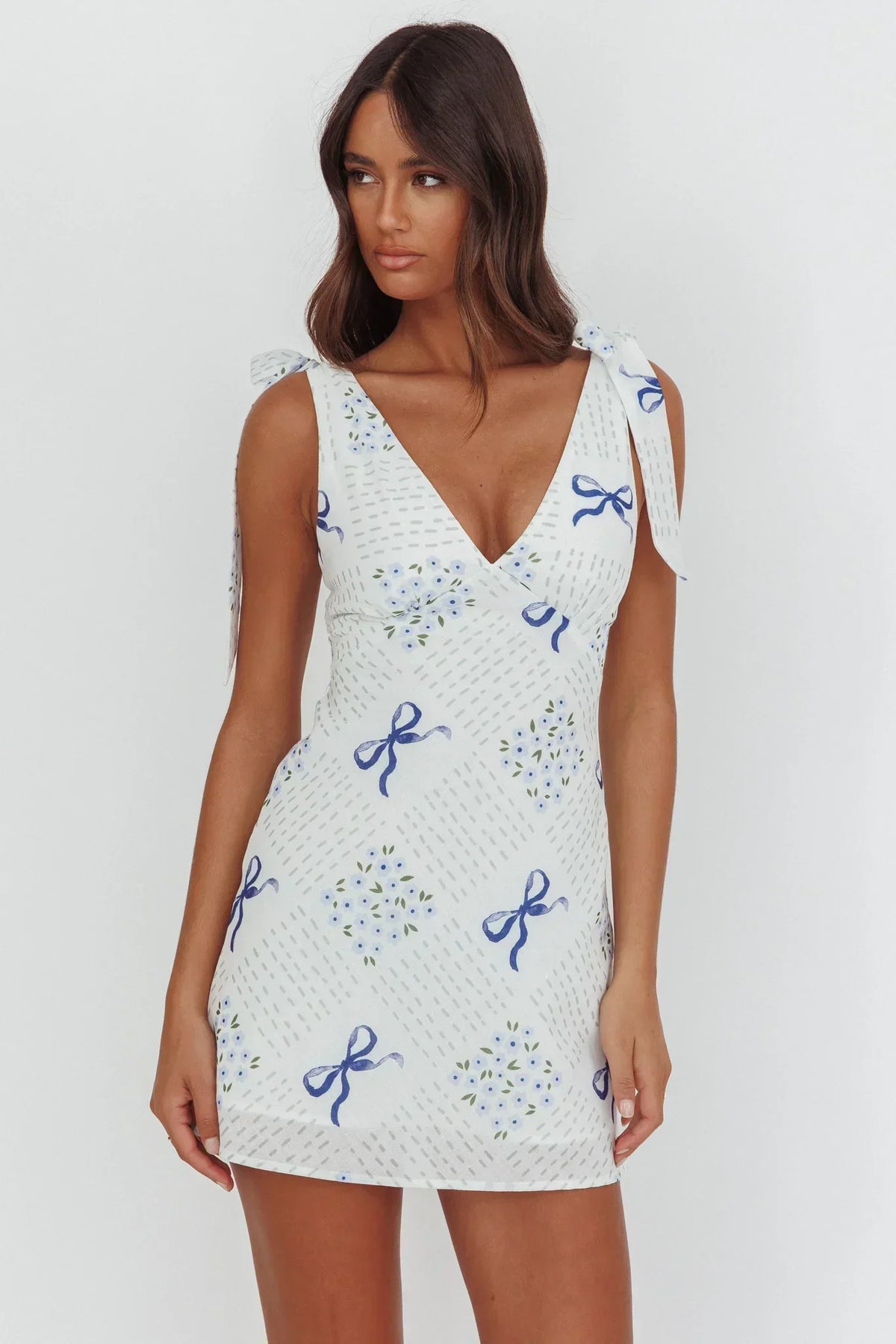 Mykonos Morning Tied Shoulder Mini Dress Bows Blue