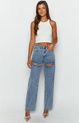 Gem Diamante Trim Wide Leg Denim Jeans