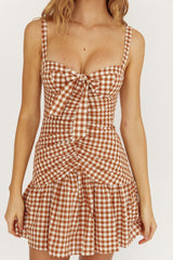 Rachelle Tied Bust Ruched Mini Dress Spotted Tan Check