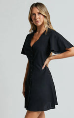 Sahar Mini Dress Flutter Sleeve Button Through Dress in Black