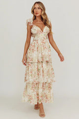 Roselle Backless Ruffle Maxi Dress Floral Multi