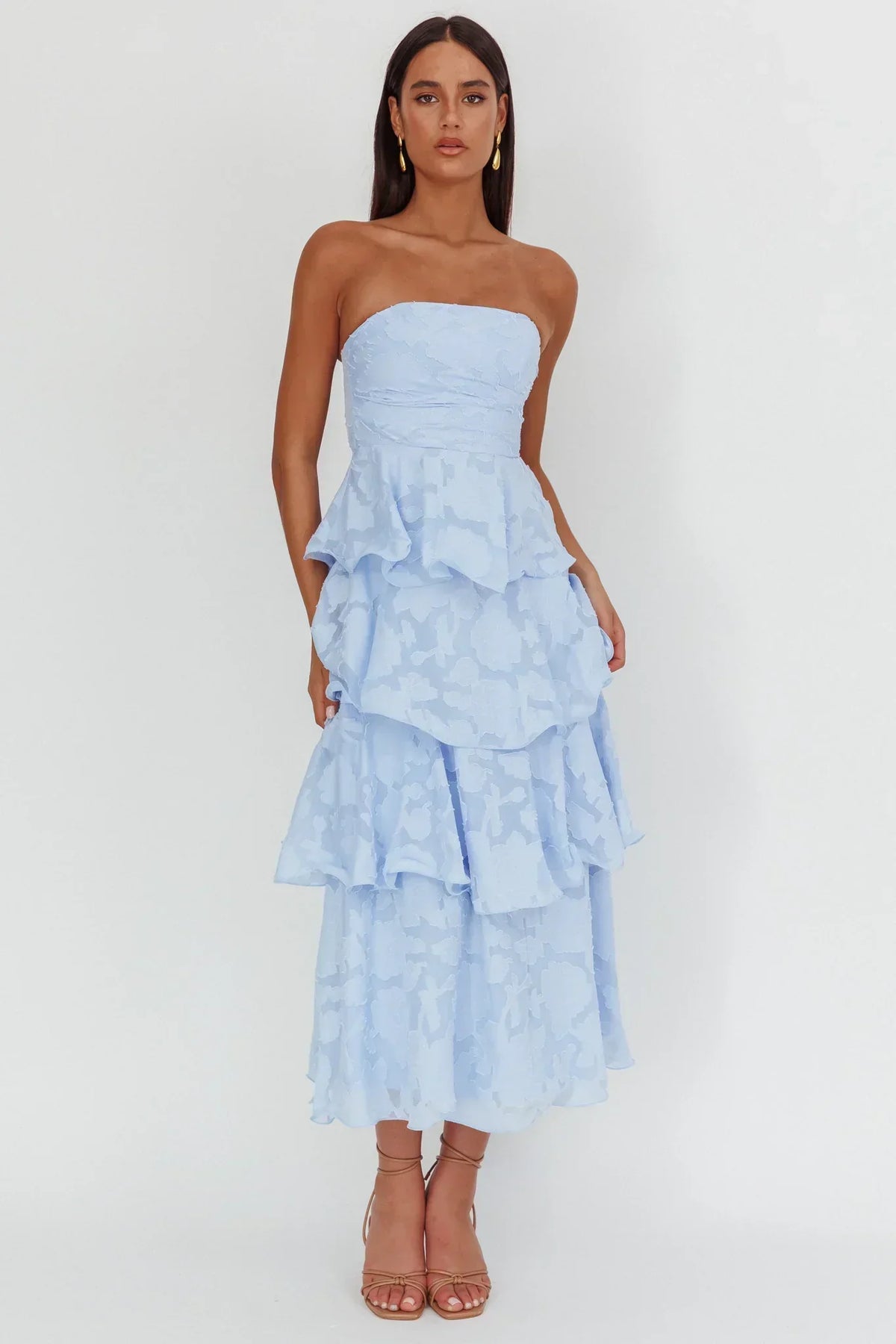 Giavana Strapless Layered Midi Dress Floral Embossed Blue