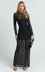 Andrea Maxi Dress - Lace High Neck Long Sleeve Dress in Black