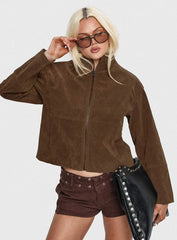 Jessalynn Faux Suede Zip Through Jacket Brown