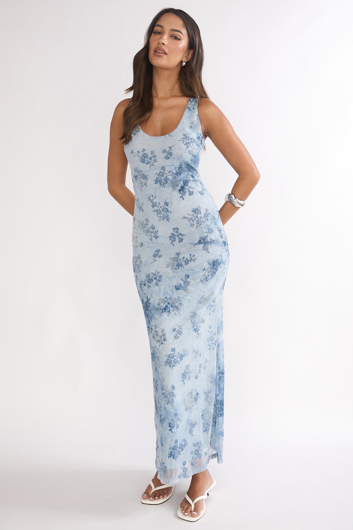 Elowra Mesh Maxi Dress Floral Blue