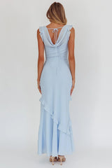 Sangria Cowl Neck Frill Maxi Dress Blue